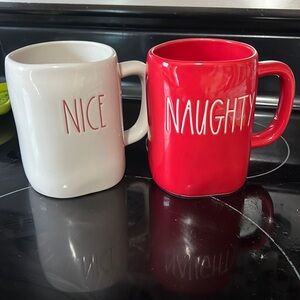 Rae Dunn Christmas Naughty Nice coffee Mugs. Red white cup